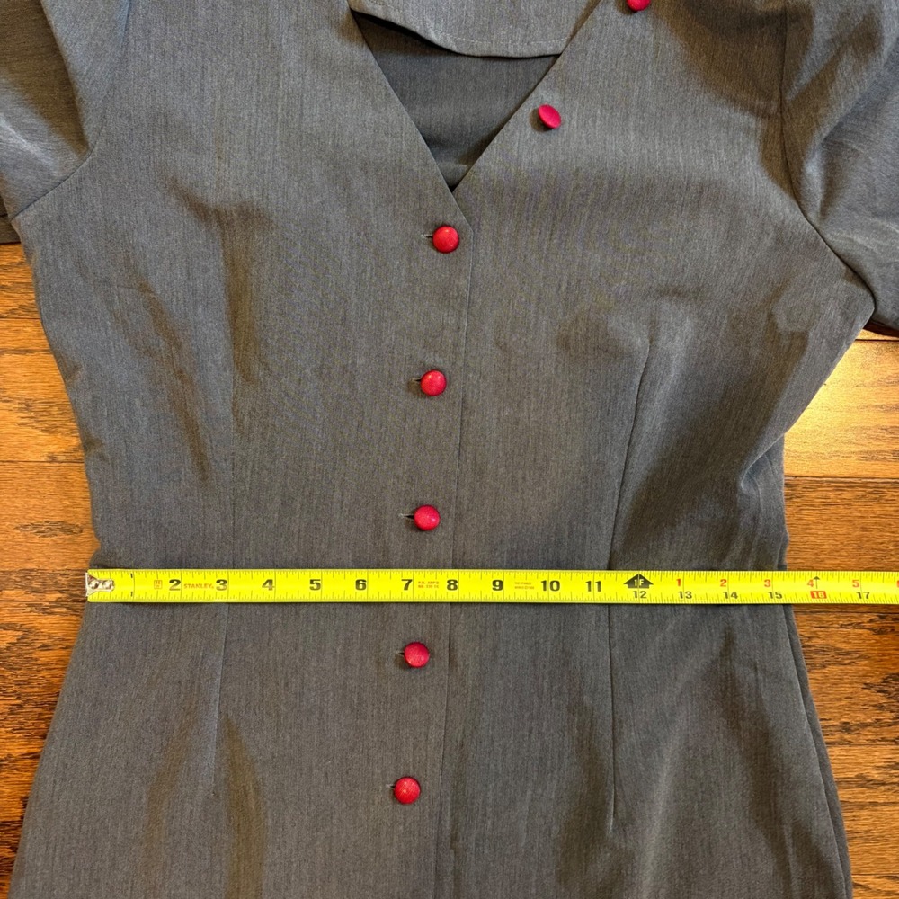 Vintage 40s Rockabilly Style Gray Sheath Dress Red Buttons Pleated Midi Large - Picture 9 of 13